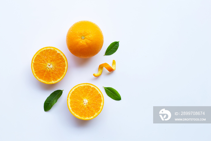 High vitamin C. Fresh orange citrus fruit with leaves isolated on white