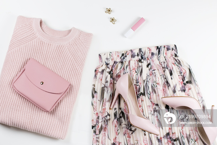 Woman clothes and accessories - skirt, sweater, pumps in pastel pink colors