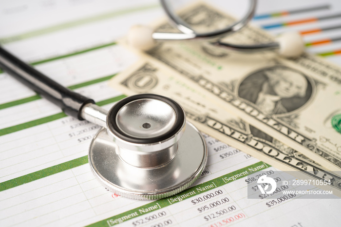 Stethoscope and US dollar banknotes on chart or graph paper, Financial, account, statistics and busi