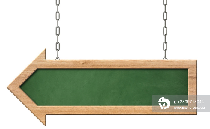 Green blackboard with bright frame and arrow shape hanging on chains