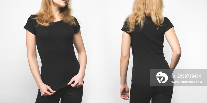 front and back view of stylish woman in blank black t-shirt isolated on white