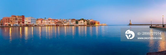 Picturesque panoramic view of old harbour with Lighthouse of Chania at sunrise, Crete, Greece