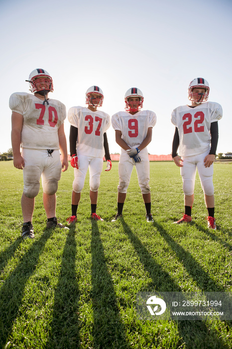 Portrait of American football players standing in field