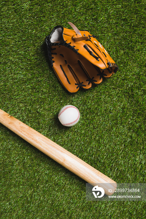 草地上有球和手套的棒球棒俯视图