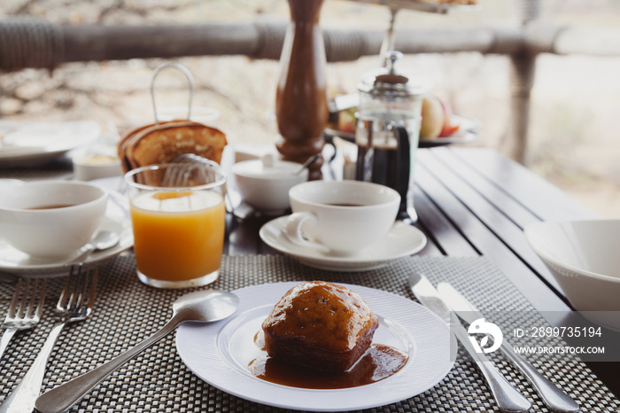 Malva pudding for breakfast in the bush, Selous Game Reserve, Tanzania