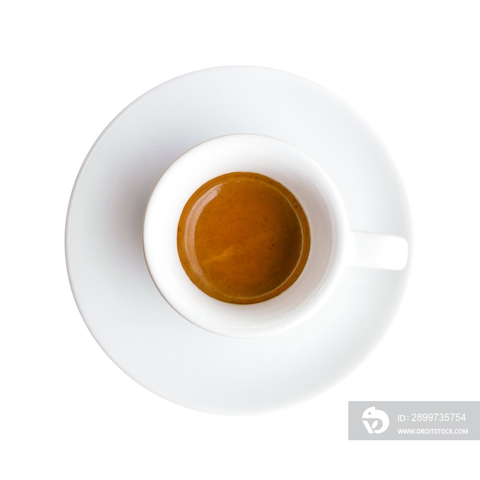 Top view of hot drink espresso coffee cup isolated on white background, clipping path included.