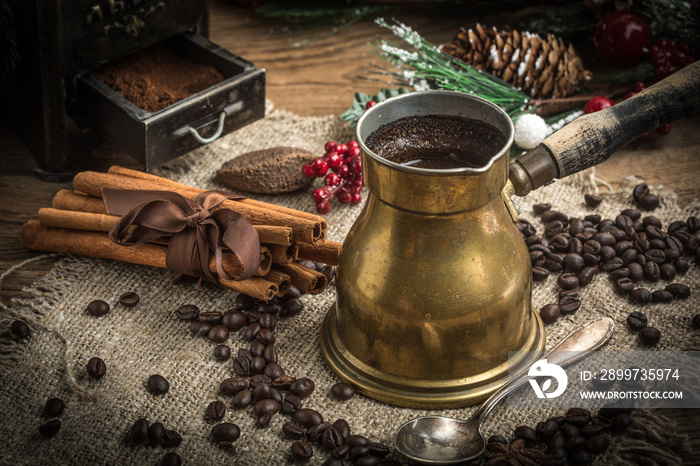 Turkish coffee in copper coffe pot