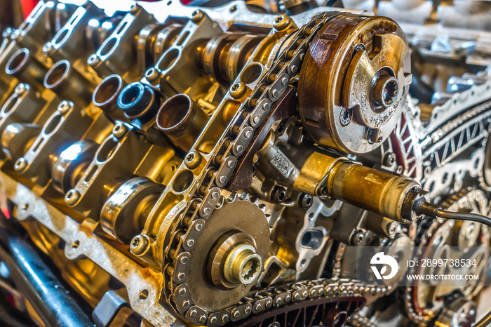 v8 engine from car being rebuilt in garage