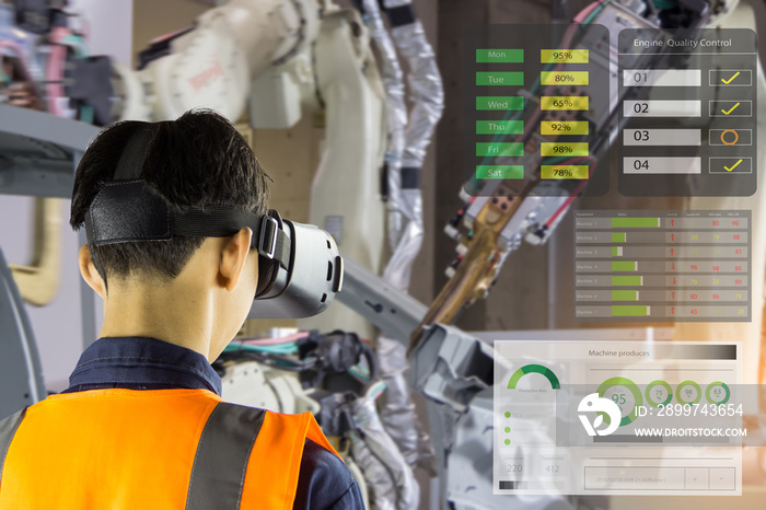 工业4.0机器人概念。工程师们正在使用虚拟AR来维护和检查人类r的工作