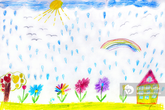 Childrens drawing of house flowers and rainbow