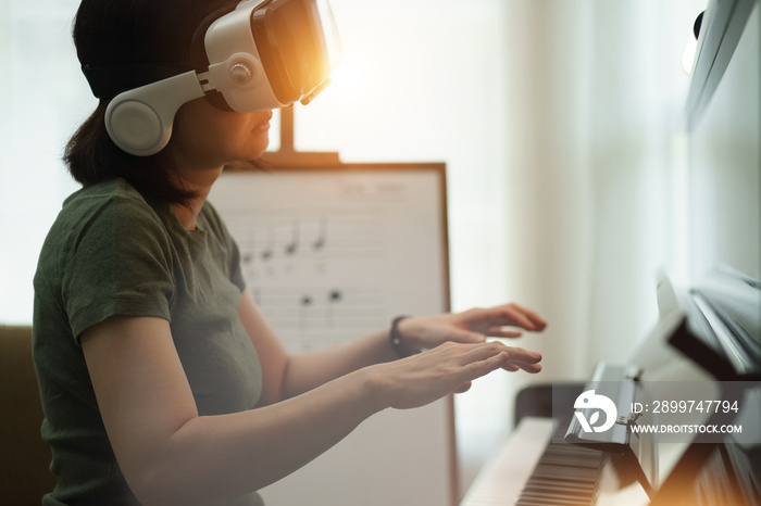 Virtual reality online class piano lesson from home, VR musical online learning conceptual.