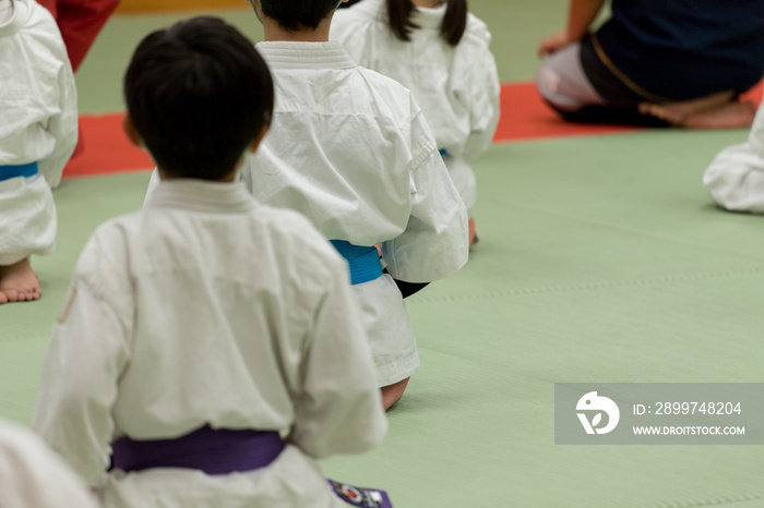 体育館で空手を練習している子供たちの姿