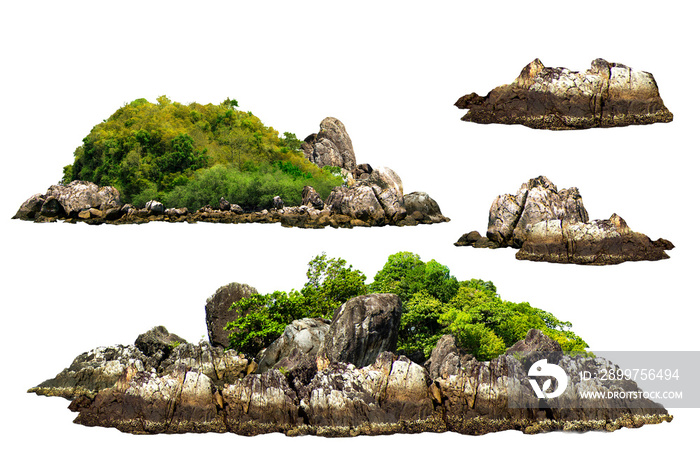 The trees. Mountain on the island and rocks.Isolated on White background