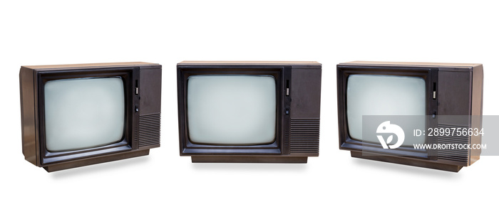 一套复古的老式电视，白色背景。复古的三黑老式电视，带剪辑p