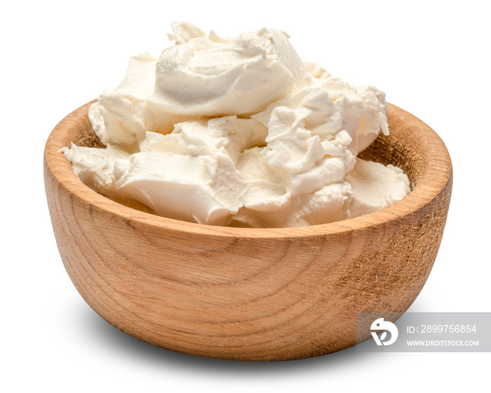 Traditional Mascarpone cheese in wooden bowl isolated with clipping path