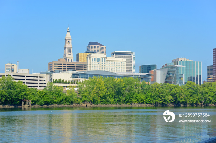 Hartford modern city skyline including Travelers Tower across Connecticut River, Hartford, Connectic