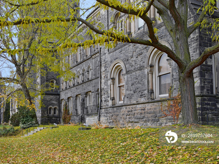 gothic style stone college campus in fall