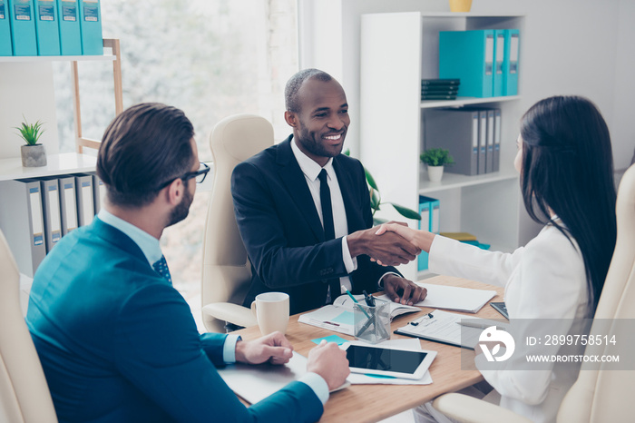 Partners making deal, shaking their hands, sitting in work place, wearing elegant, classic suits, to