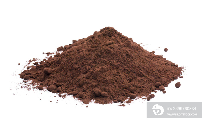 heap of dark cocoa powder on white background