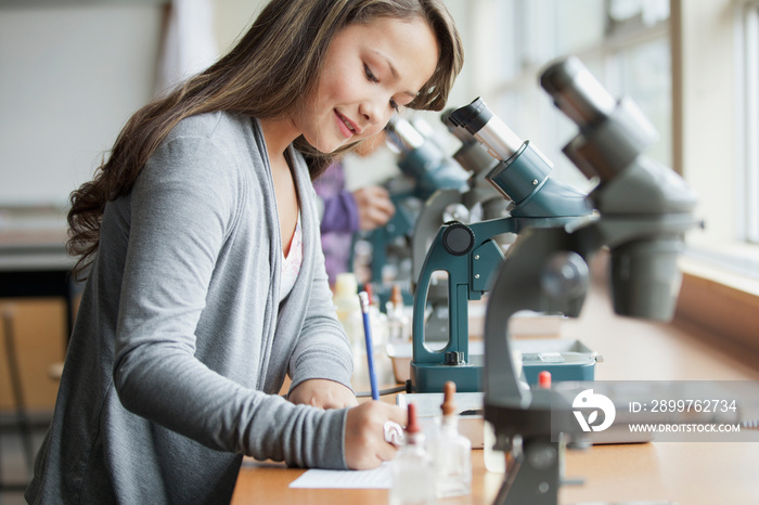 Middle school student with microscope