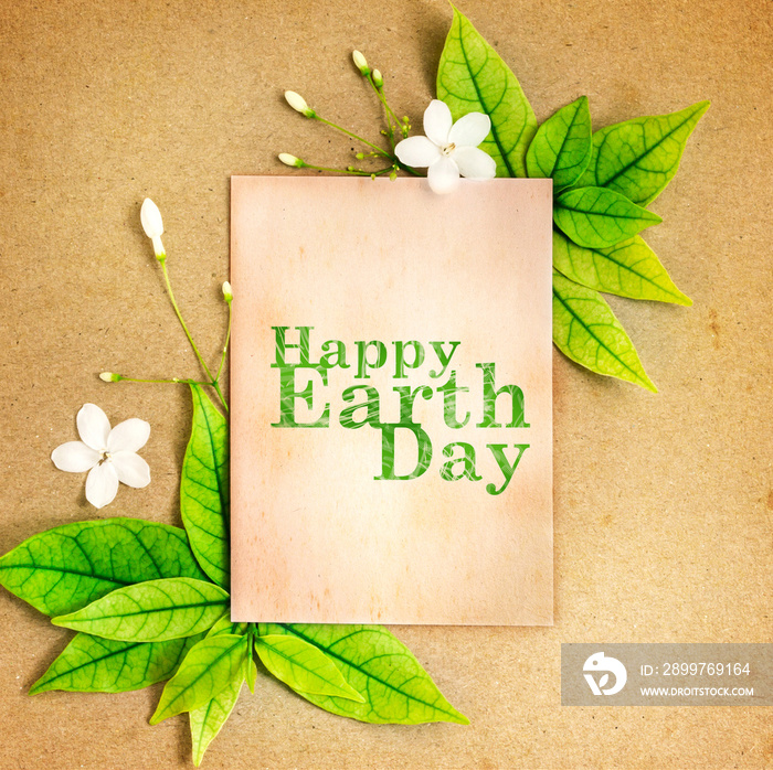 Happy Earth Day paper sheet with fresh spring  green leafs border frame  , eco natural banner concep