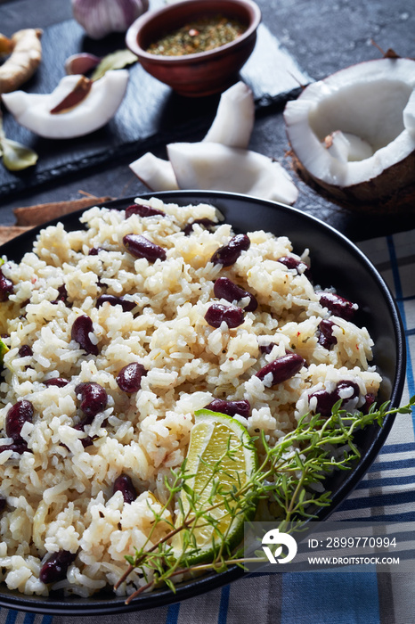 spicy Caribbean Rice and Red Beans, close-up