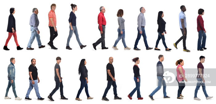 group of men and women wearing jeans walking on white background