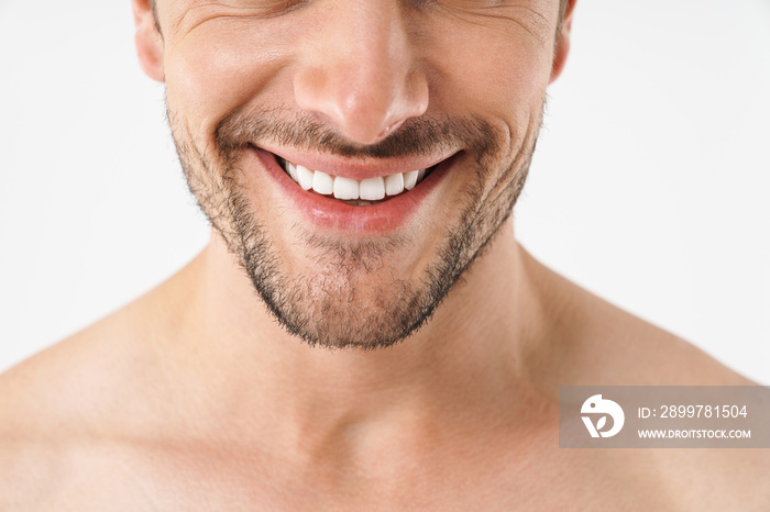 Cropped photo closeup of attractive naked man smiling at camera with white teeth