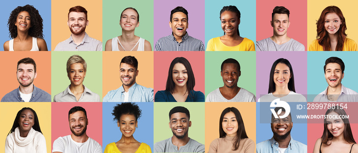 Positive Multiethnic People Faces Collage Over Different Colored Backgrounds, Panorama