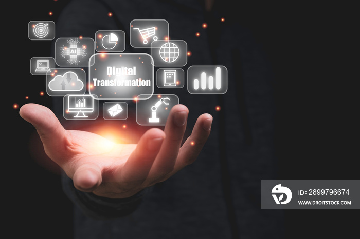 Hand holding digital transformation  with technology icons such as laptop computer graph.Cloud techn