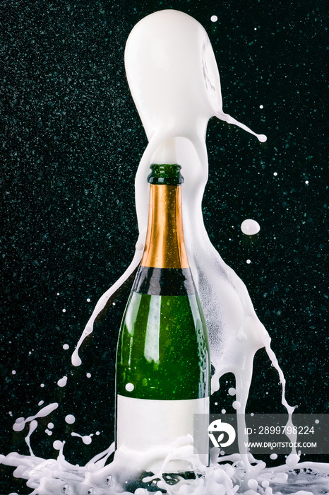 Champagne bottle popping with splash isolated on black.