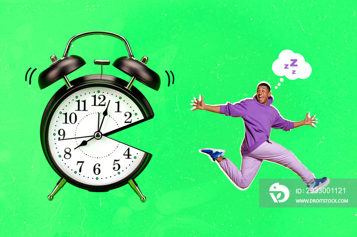 Collage picture of huge clock catch excited small running guy think sleep dream isolated on drawing green background