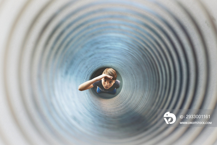 boy fallen into a giant spring and hopes to find someone to help him