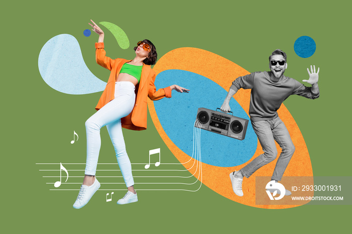 Creative abstract template graphics image of happy smiling lady guy having fun together listening boom box isolated drawing background