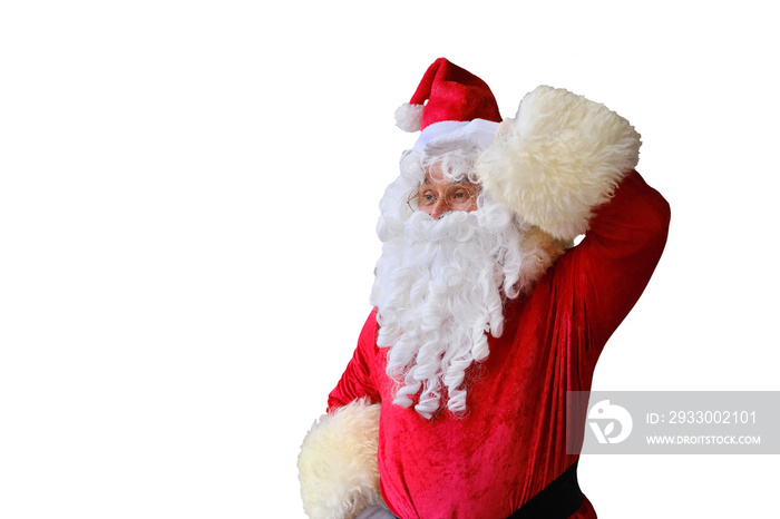 adult santa claus with a white beard on isolated background looking away, christmas concept, waiting for gifts, sales and discounts, festive mood