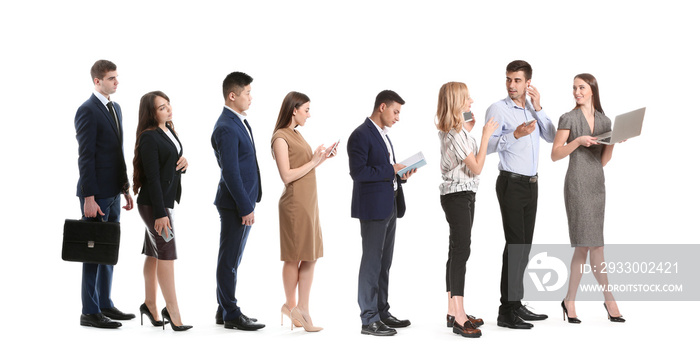 Many business people waiting in line on white background