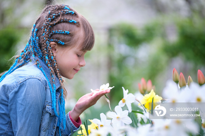 Happy child girl playing in summer garden enjoying sweet scent of white narcissus flowers on sunny day