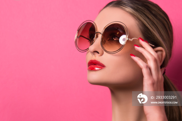 Portrait of beautiful model with close up glasses. Young woman, brunette girl with sunglasses, isolated, commercial poster  ready, studio