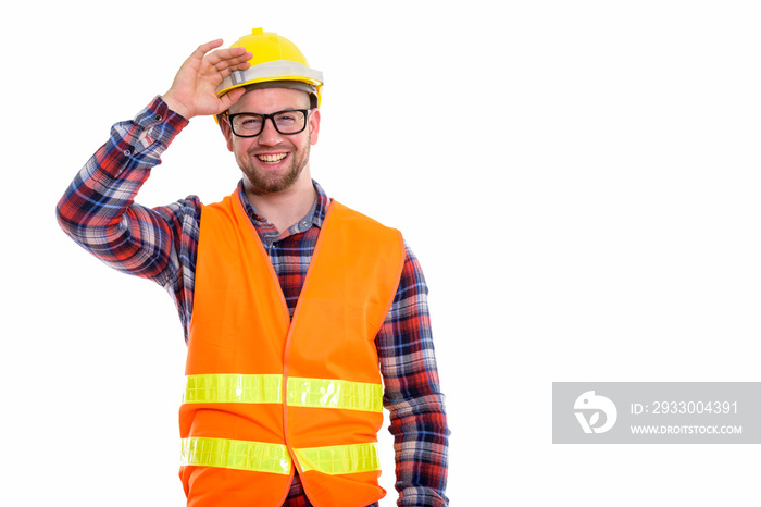 Young bald muscular man construction worker