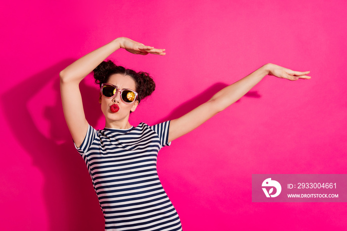 Portrait of her she nice-looking attractive glamorous lovely funky funny girlish cheerful cheery girl having fun fooling dancing isolated over bright vivid shine vibrant pink fuchsia color background