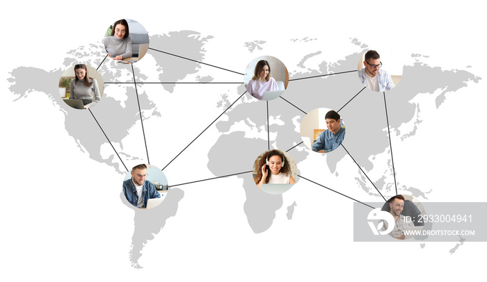 Map of the world and different people using laptops. Concept of social distance during coronavirus epidemic