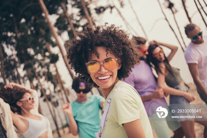 Photo of carefree sweet six young buddies dressed casual outfits dark glasses smiling dancing outdoors countryside