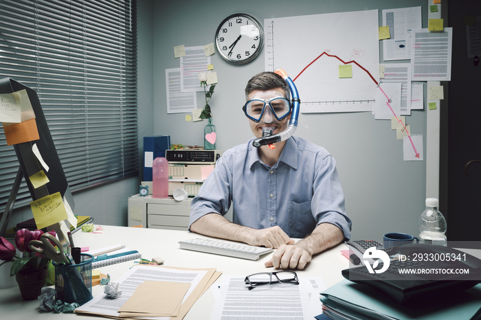 Office worker wearing scuba mask