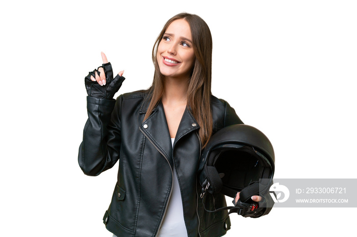 Young pretty caucasian woman with a motorcycle helmet over isolated background pointing up a great idea