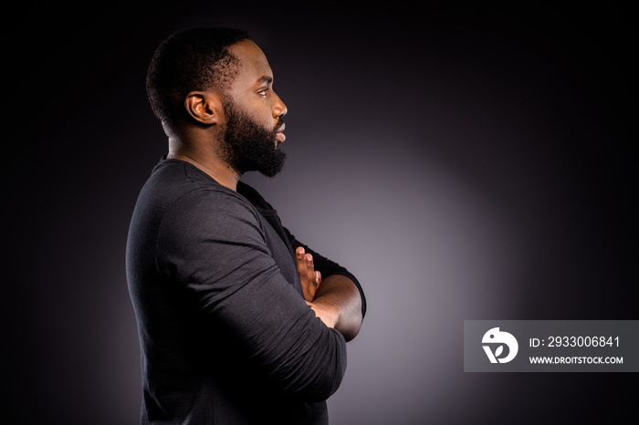 Profile side photo of afro american guy look copyspace cross hands hope inspire stop racism wear jumper isolated over black color background