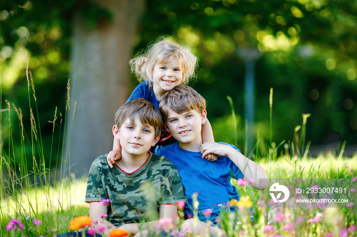 Portrait of three siblings children. Two kids brothers boys and little cute toddler sister girl having fun together on flowers meadow. Happy healthy family playing, walking, active leisure on nature