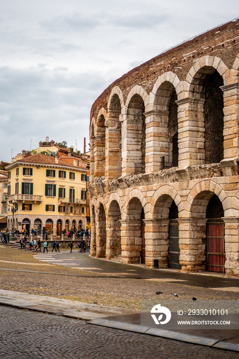 View of Verona Arena in rainy day . One of the classical building from Roman Era locate in the old town of Verona , Veneto , Italy