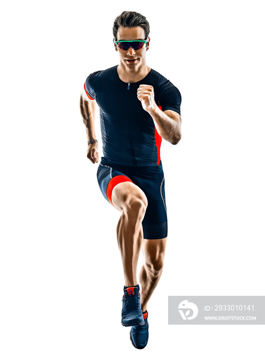 triathlete triathlon runner running in silhouette isolated  on white background