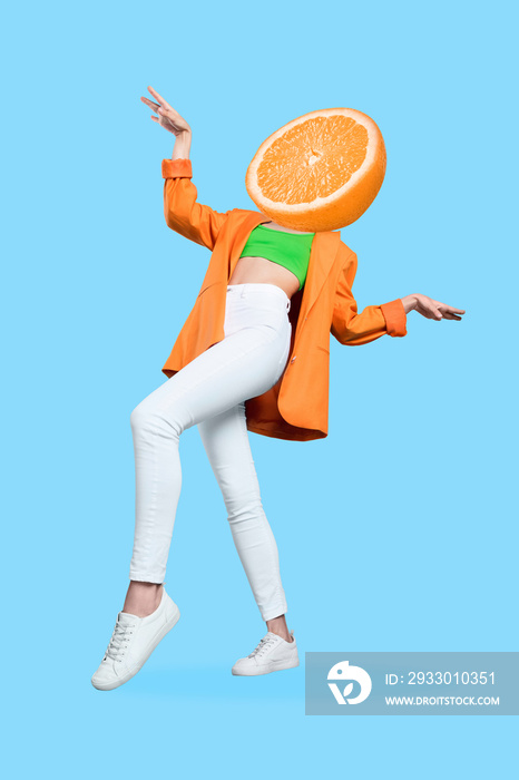 Exclusive minimal magazine sketch image of fanny lady citrus instead of head dancing isolated blue background
