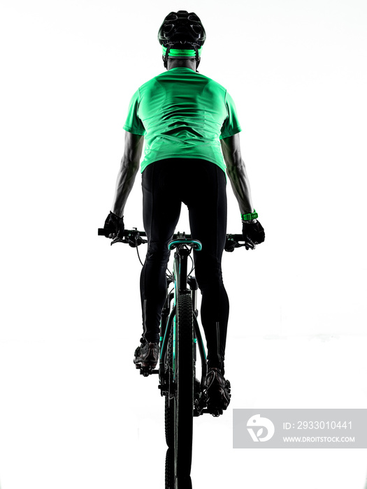 one caucasian man practicing man mountain bike bking isolated on white background with shadows